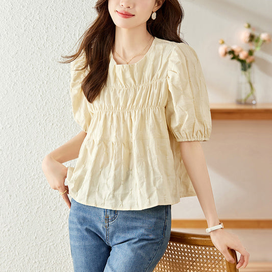 Cotton cocoon, apricot short-sleeved shirt women's clothing  summer new design sense niche loose crew neck top shirt
