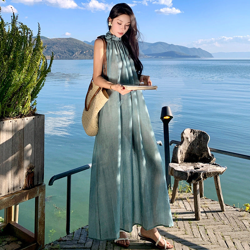 2025 sleeveless neck suspender dress women's summer new high-end temperament seaside vacation fairy long skirt