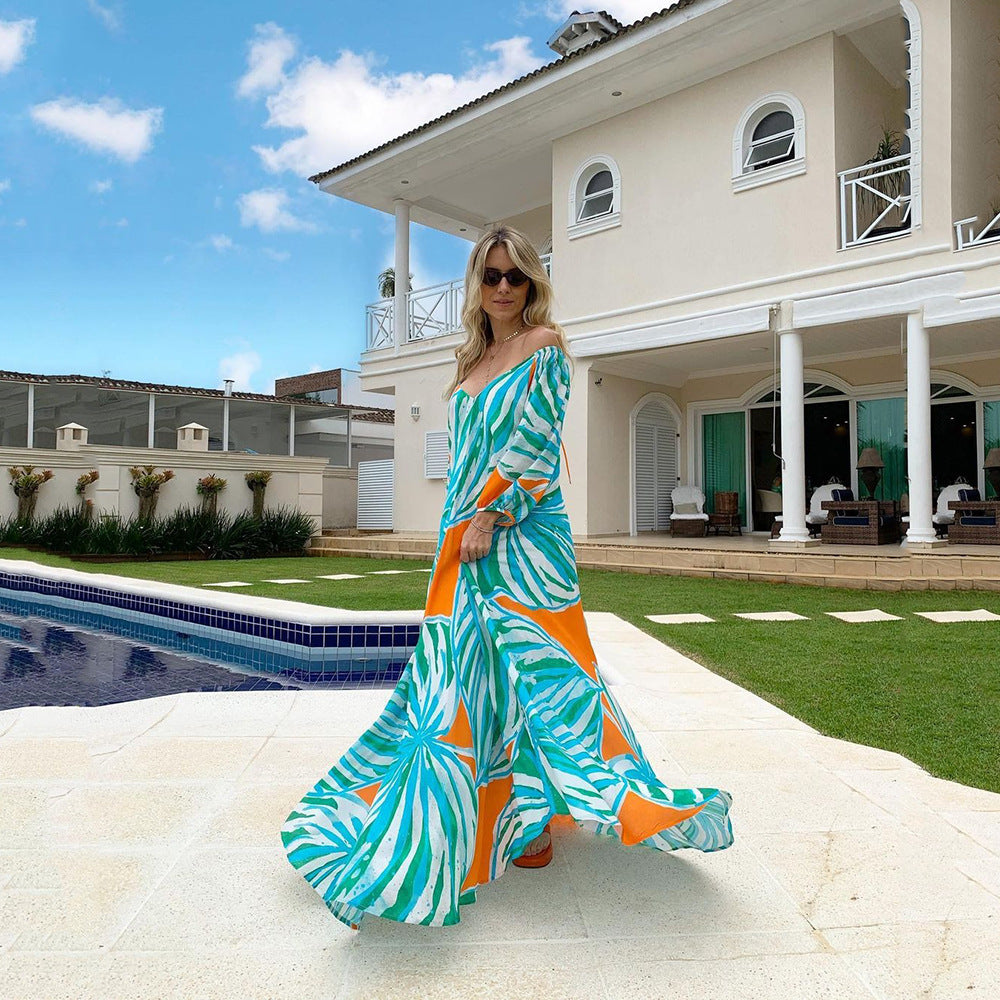 2025New new spring and summer  women's clothing one-word shoulder long-sleeved chiffon long dress temperament commuter printed dress