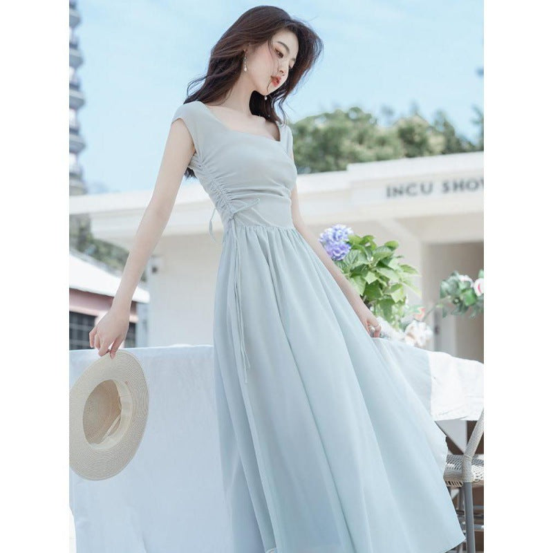 2025 Retro Minimalist Women's Square Neck  Dress Long High Waist Skinny Skirt Women's Summer Long Dress Summer 2025