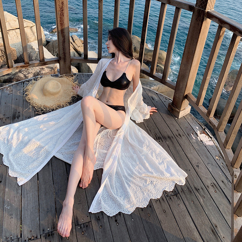 2025 hollow sunscreen cardigan jacket women's horn sleeves casual vacation style long heavy industry embroidered super fairy dress
