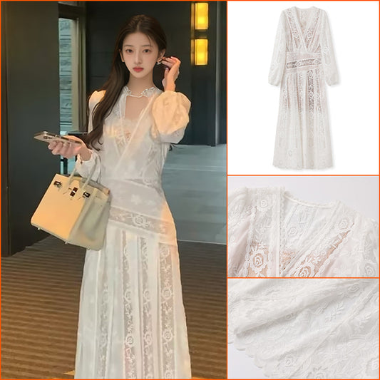 high-end embroidery design high-end romantic dress 2025 new V-neck sexy splicing dress N3059