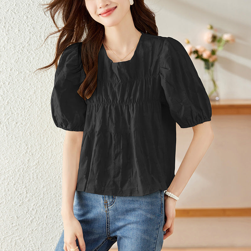 Cotton cocoon, apricot short-sleeved shirt women's clothing  summer new design sense niche loose crew neck top shirt