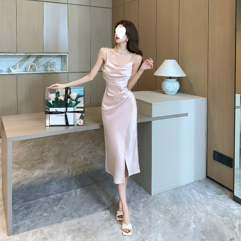 2025 summer bead design  swing neck acetic acid satin slim split suspender dress