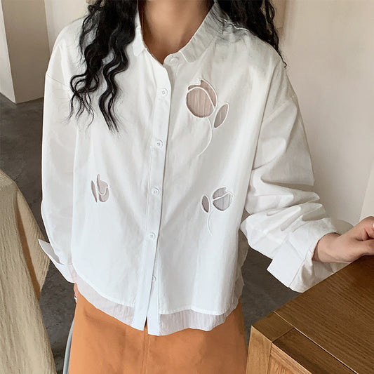 Cotton cocoon, double-layer hollow shirt women's long-sleeved  summer new tulip lapel long-sleeved top shirt