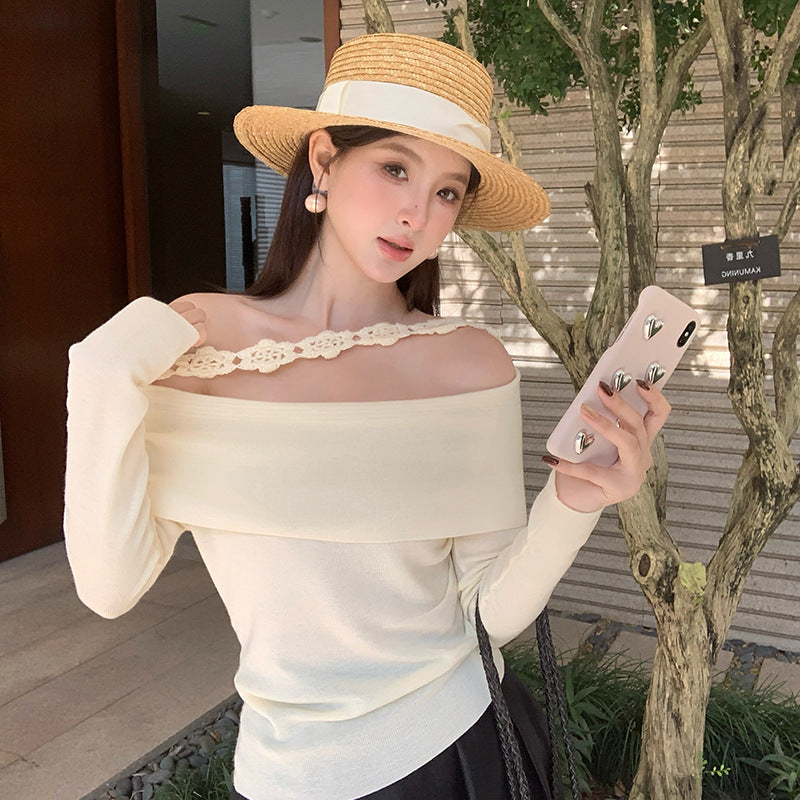 2025 popular autumn new ins temperament one-word collar flower knitted bottoming shirt long-sleeved top women 25147