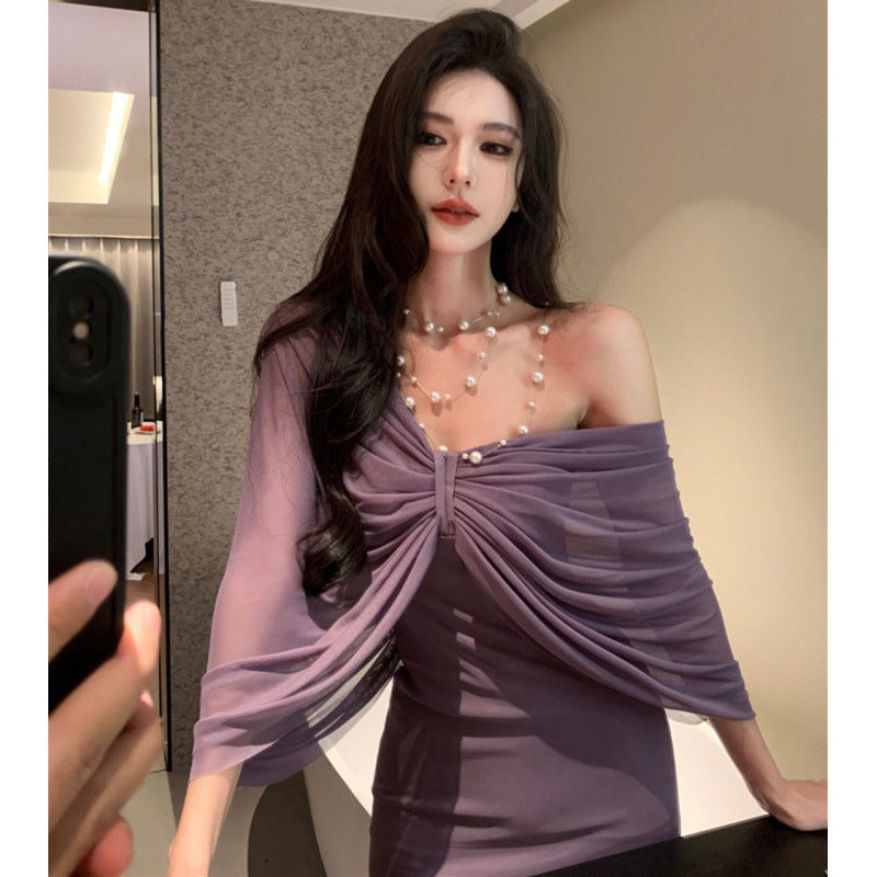 2025 High-end purple tube top dress Royal sister temperament design fake two-piece hip skirt travel wine party wear