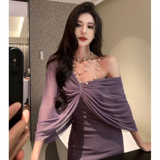 2025 High-end purple tube top dress Royal sister temperament design fake two-piece hip skirt travel wine party wear