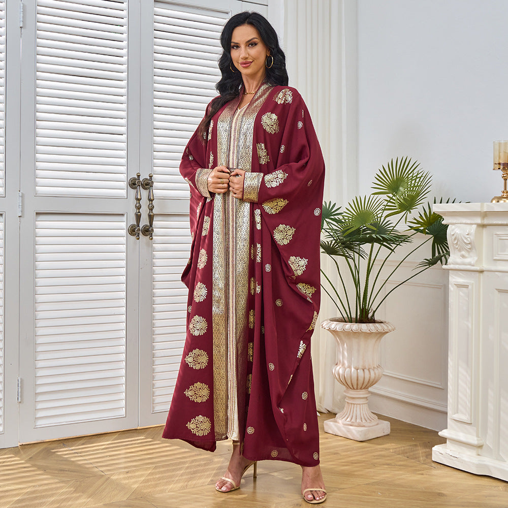 MT213 Middle East Moose Large Size New Bronzing Burqa Cardigan Bat Sleeve Two-piece Dress Evening Dress