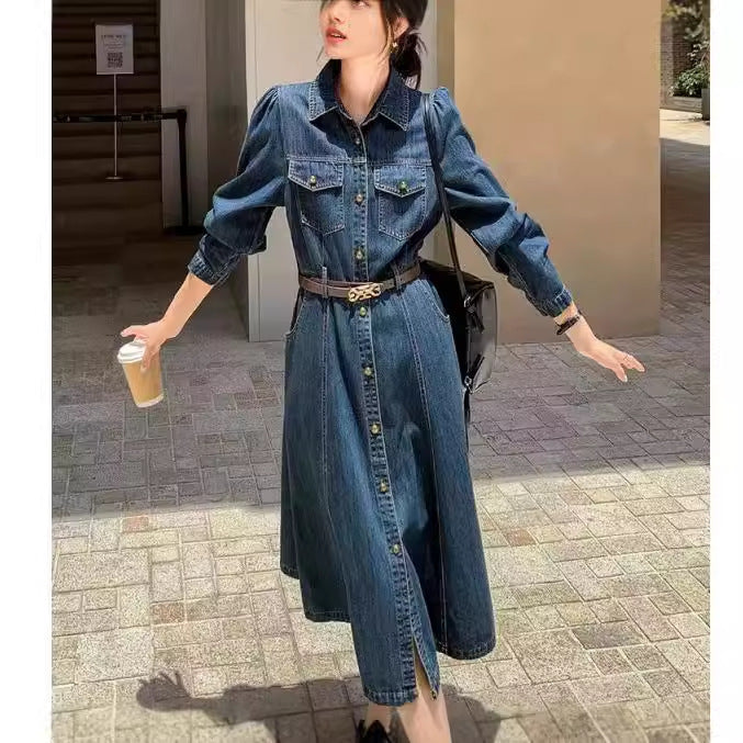 2025 Autumn long denim dress long sleeve autumn wear women's  new model fashion trend high sense super good-looking