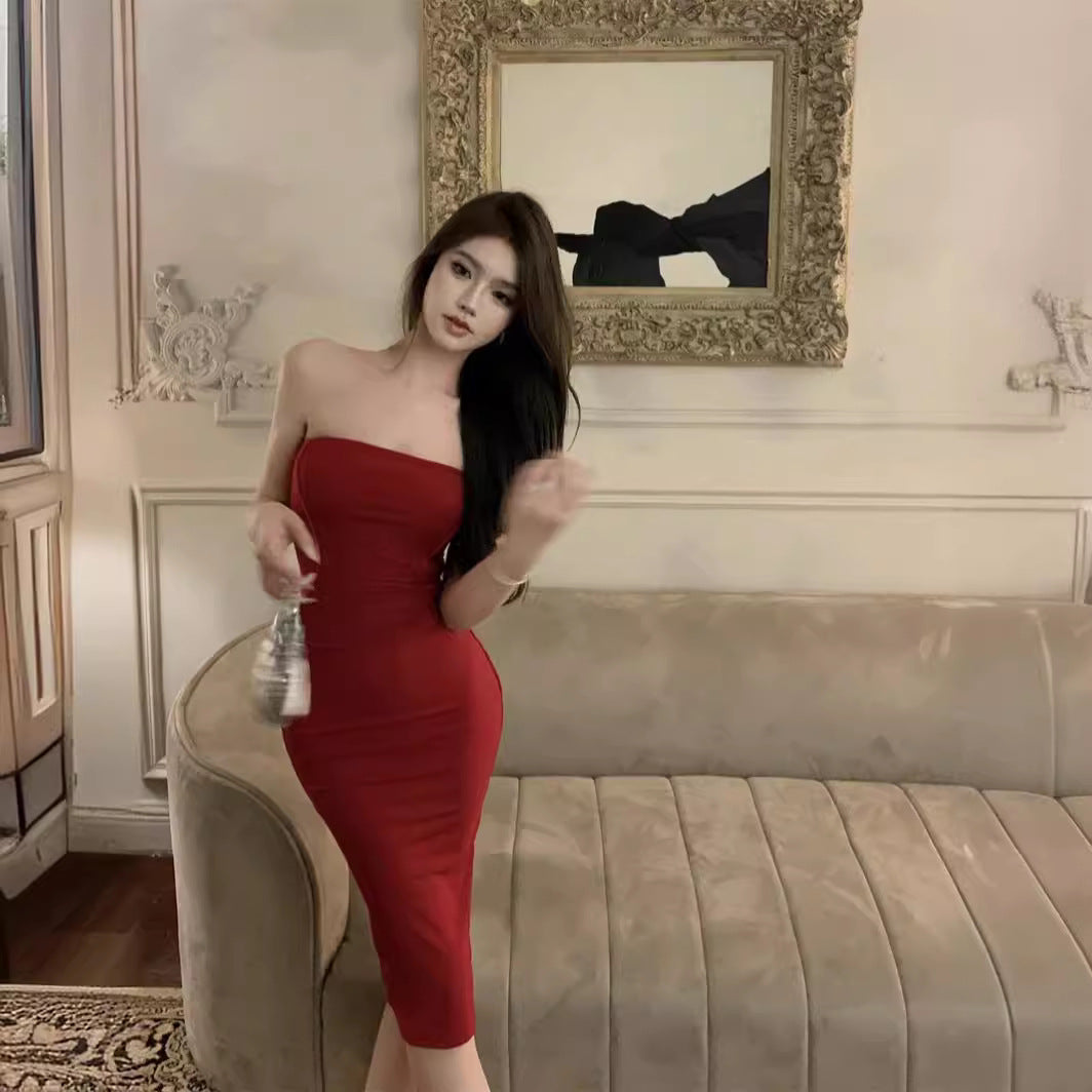 2025 Retro  tube top dress women's summer new seaside vacation sexy spice girl royal sister style slim hip skirt
