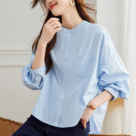 direct sales blue round neck long-sleeved shirt women's  spring clothing new temperament commuter design loose top