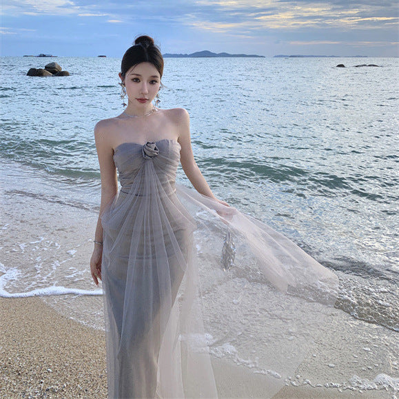 2025 Pure desire wind super fairy temperament mesh yarn one-word shoulder tube top dress fairy summer seaside vacation wind beautiful long dress