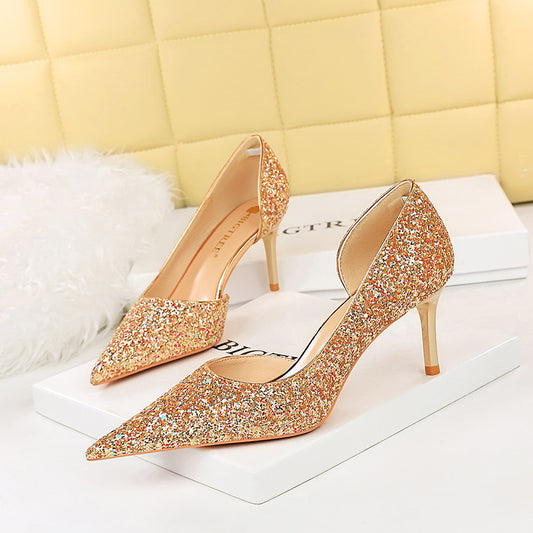 2025 8829-A3  style sexy nightclub showing thin heel high heel shallow mouth pointed side hollow sparkling sequined single shoes
