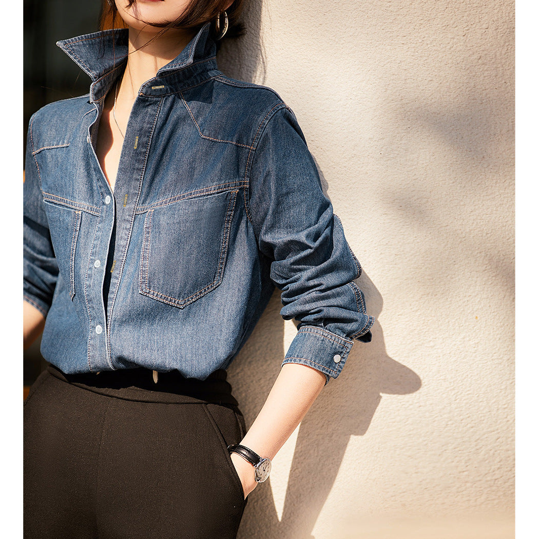 2025 Eco-friendly washing water, retro denim shirt, textured shirt  spring new women's clothing long-sleeved women's tops summer