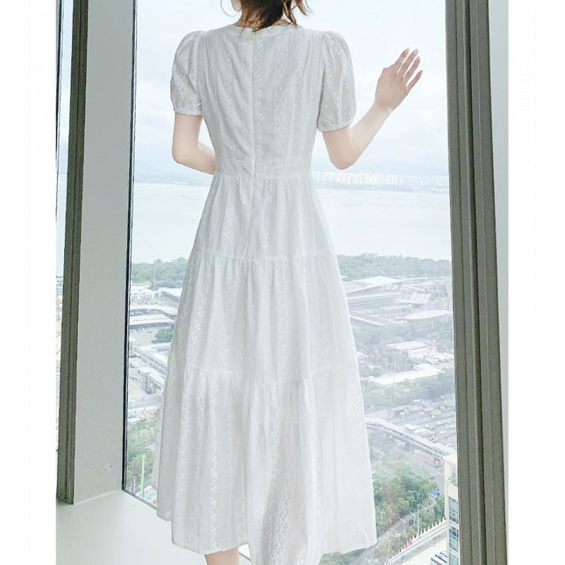 2025 summer new embroidered long skirt  new temperament V-neck slim and thin dress woman