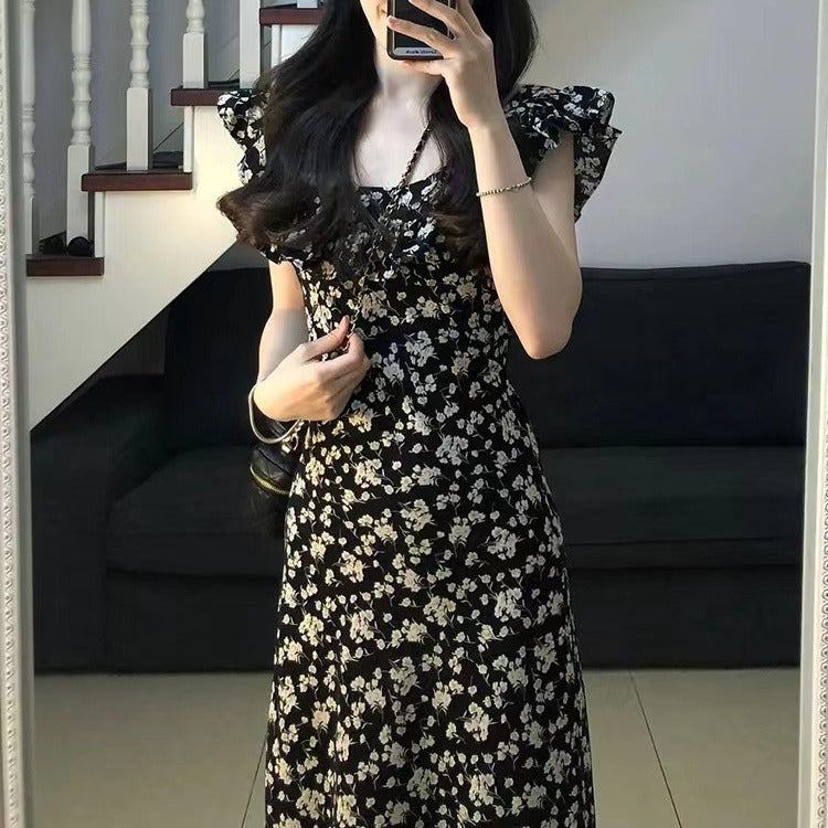 2025 Coffee Break  Hepburn Style Black Floral Dress Children's Summer  New Temperament Waist Long Dress Women's Clothing