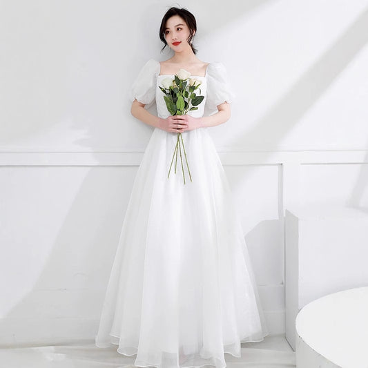 2025 New light wedding dress  bubble sleeve temperament simple square collar door yarn travel photography location white dress skirt