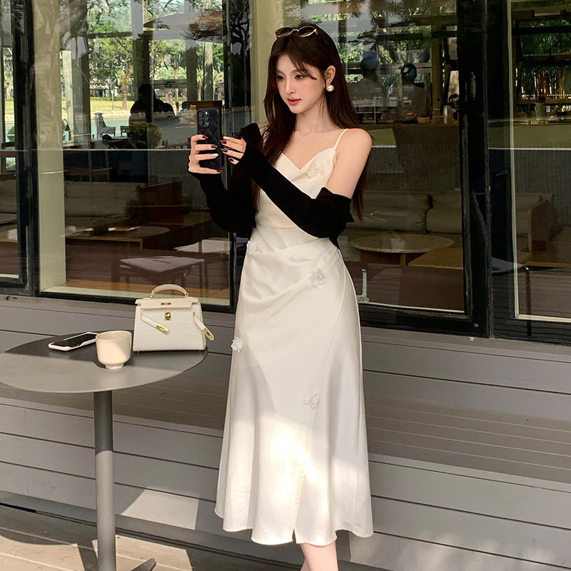 2025 Spring Clothing New Three-dimensional Nail Flower High Waist Satin Suspender Dress High-end Long Dress Children 88179