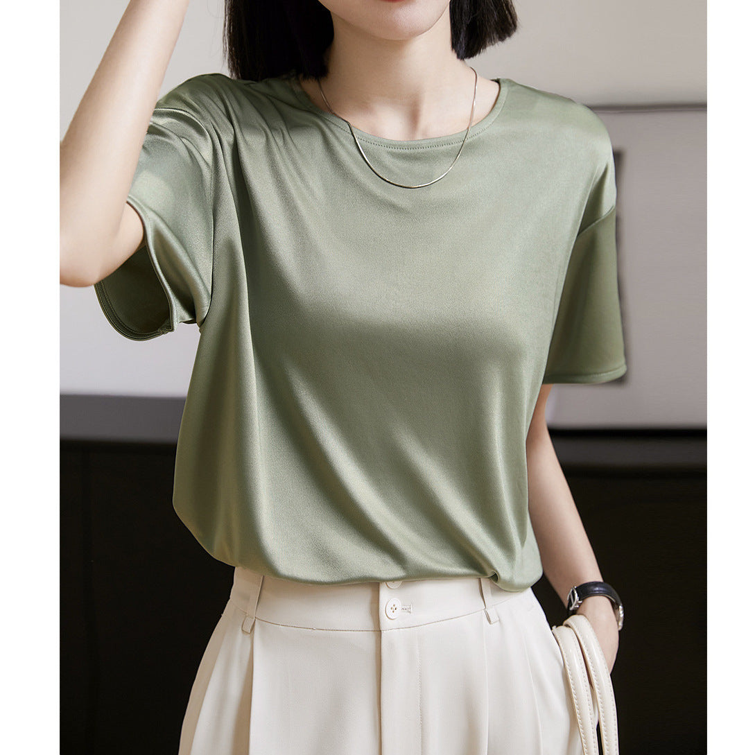 2025 Triacetic acid water light heavy T-shirt 3-color high-end round neck short-sleeved top  summer new women's clothing white
