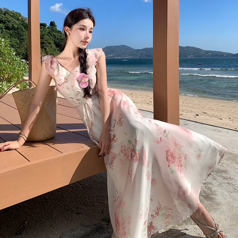 2025 holiday style floral small flying sleeve dress women's summer chic beautiful beach dress waist thin long skirt