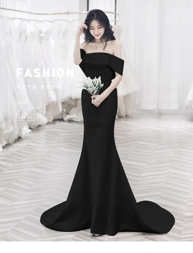2025 One-word shoulder sexy backless satin light wedding dress simple atmosphere trailing  new thin fishtail bride wedding