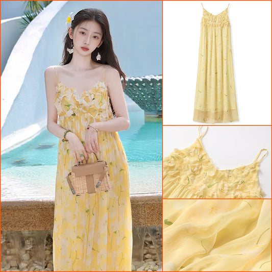 2025 summer new  small fresh sexy long dress women's high-end slim and thin printed suspender skirt N3054