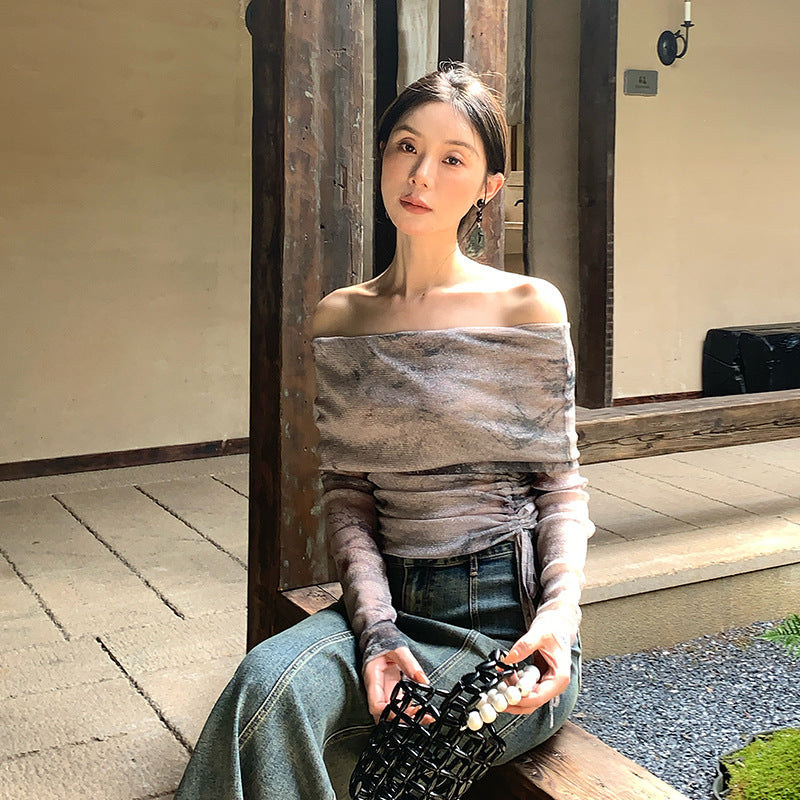 2025 spring new temperament one-word collar versatile bottoming shirt long-sleeved knitted sweater women's top 89070