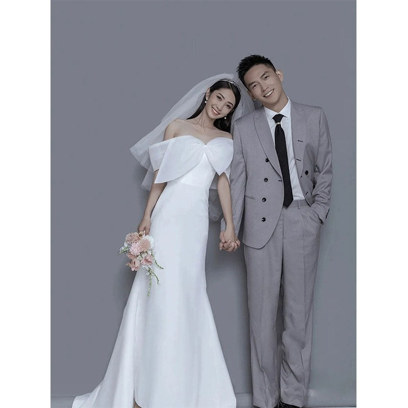 2025 New one-word shoulder light wedding dress bow fishtail skirt simple wedding dress couple photo theme photo dress