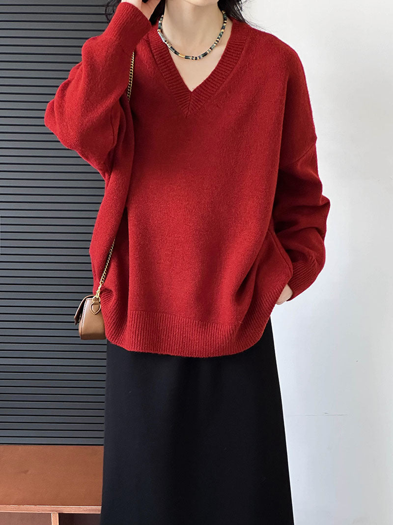 2025 popular autumn new knitted sweater top women's Korean V-neck loose soft waxy comfortable solid color sweater 7032