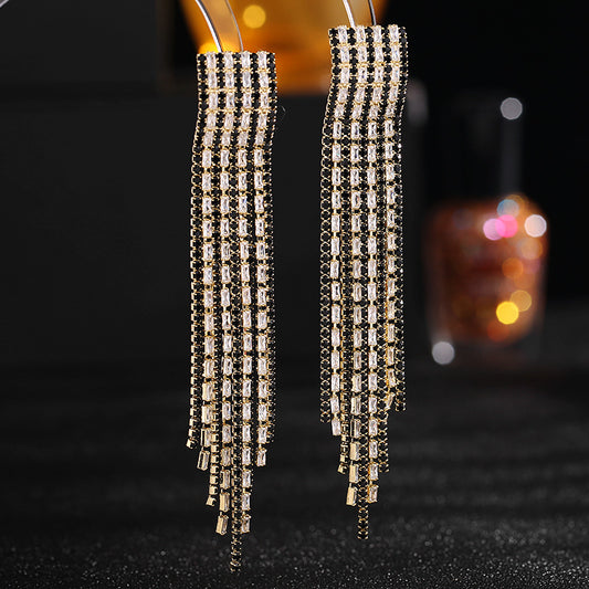 2025 S925 silver needle long fringed earrings trendy super flash zircon inlay design sense color matching earrings banquet dress accessories