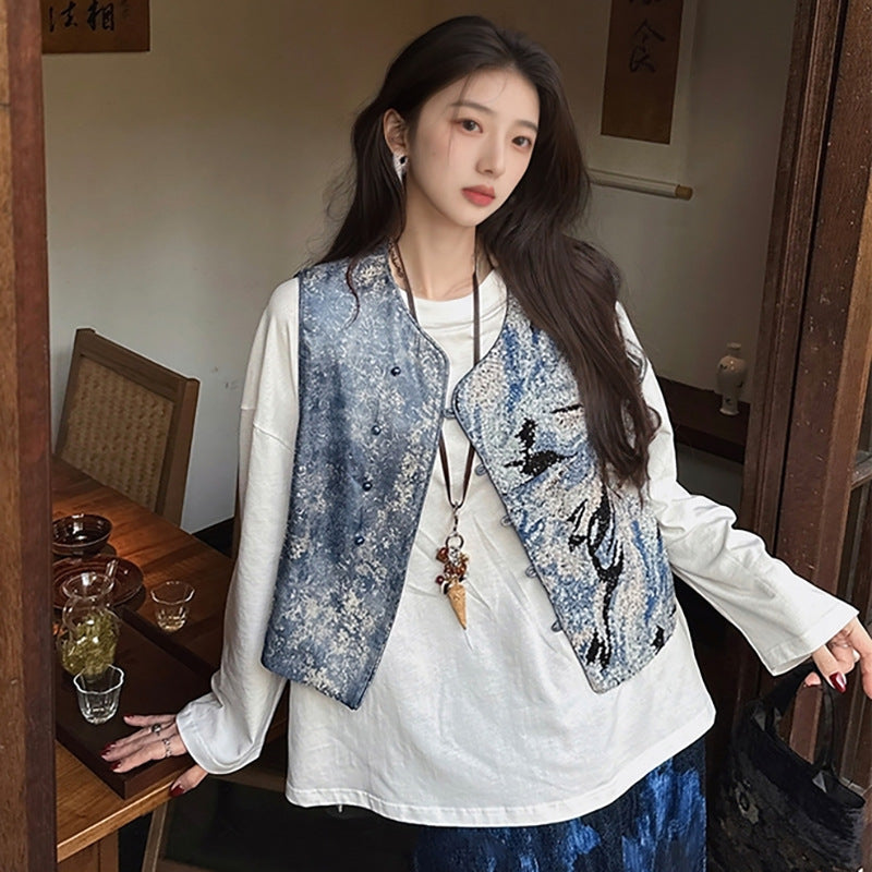 Guofeng retro 2025 new temperament vest women's light luxury beads embroidered jacquard embroidered silk vest N3105