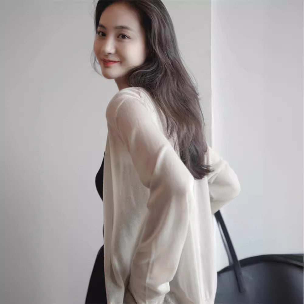 Ice silk knitted cardigan women's 2025 summer with suspender skirt shirt long-sleeved thin shawl air-conditioned shirt jacket
