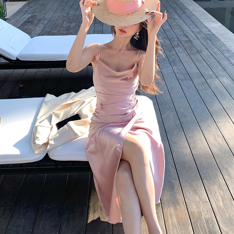 2025 Spring Clothing New Three-dimensional Nail Flower High Waist Satin Suspender Dress High-end Long Dress Children 88179