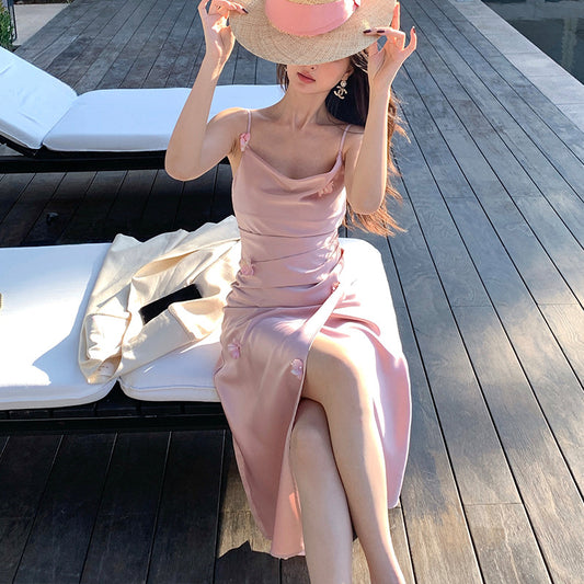 2025 Spring Clothing New Three-dimensional Nail Flower High Waist Satin Suspender Dress High-end Long Dress Children 88179