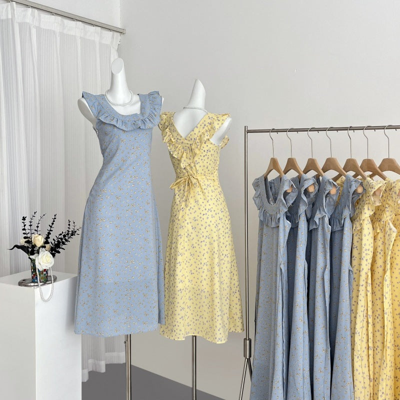 2025 Coffee Break  Yellow Square Neck Floral Suspender Dress Children's Summer New Small Temperament Long Dress