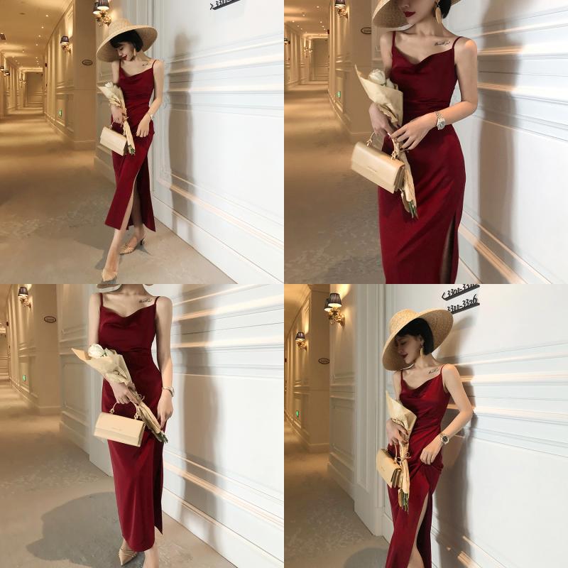 2025 retro acetic acid silk satin red suspender dress women's waist and thin temperament spring and summer small red dress length