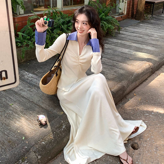 2025 spring college style lapel shirt + high waist A-shaped skirt two-piece suit female 89258