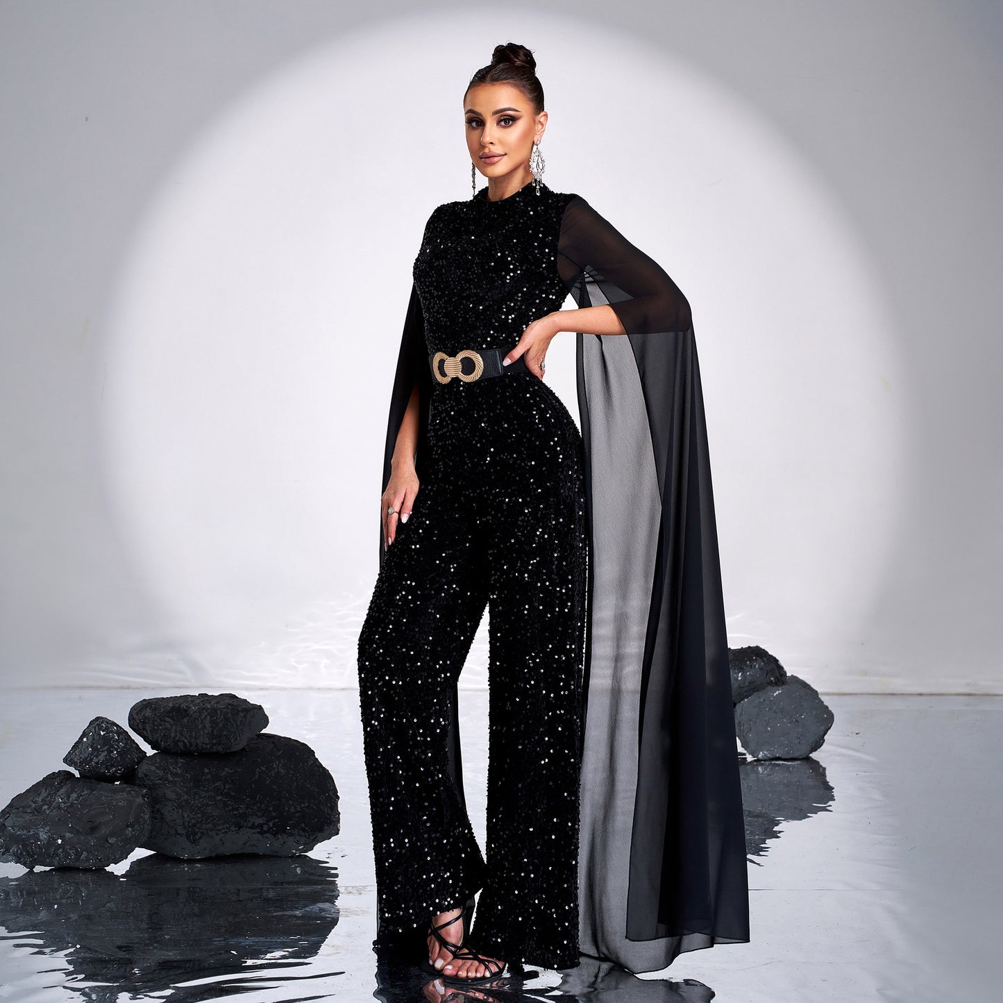 2025 women's clothing high-end temperament long-sleeved round neck sequined banquet jumpsuit evening dress bridesmaid dress