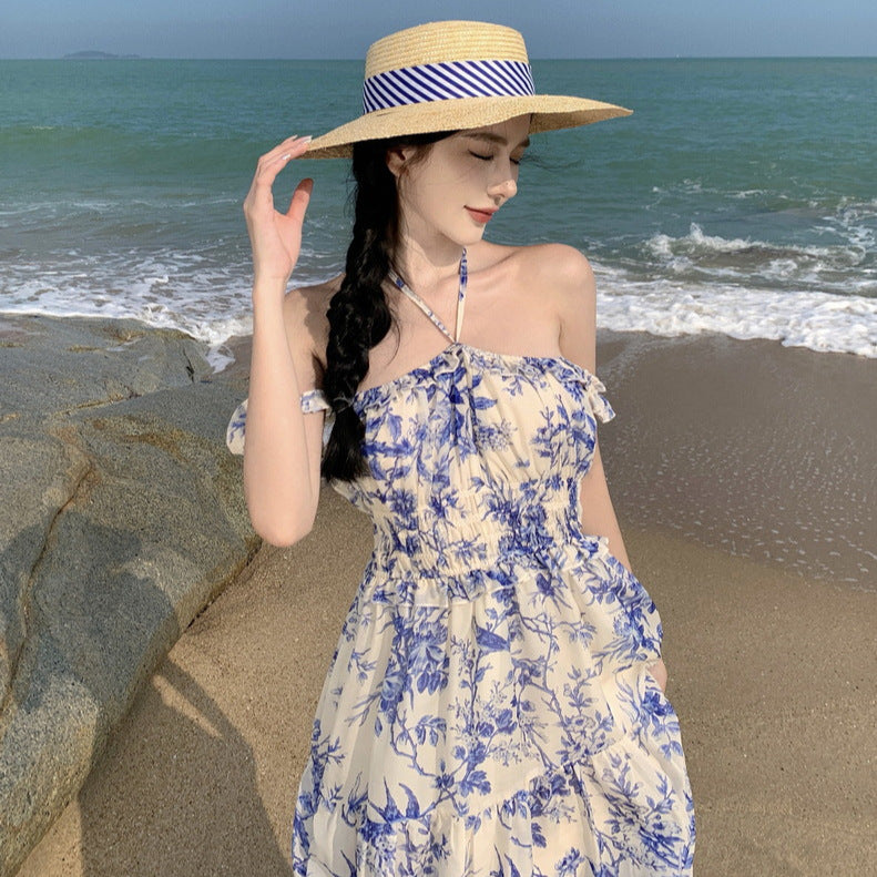 2025 National style new Chinese floral tube top one-word shoulder high-end suspender long dress super fairy seaside vacation photo dress
