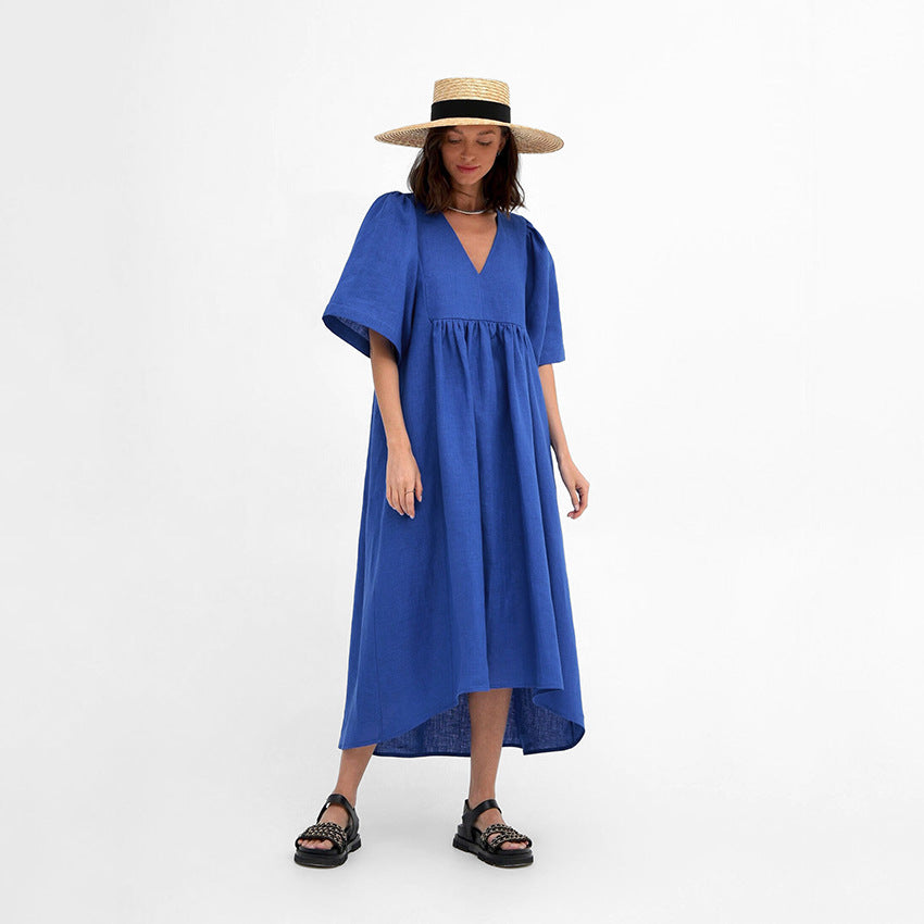 2025 Fashion casual loose short-sleeved solid color cotton and linen V-neck A-shaped skirt summer versatile commuter dress Popular trade wholesale women