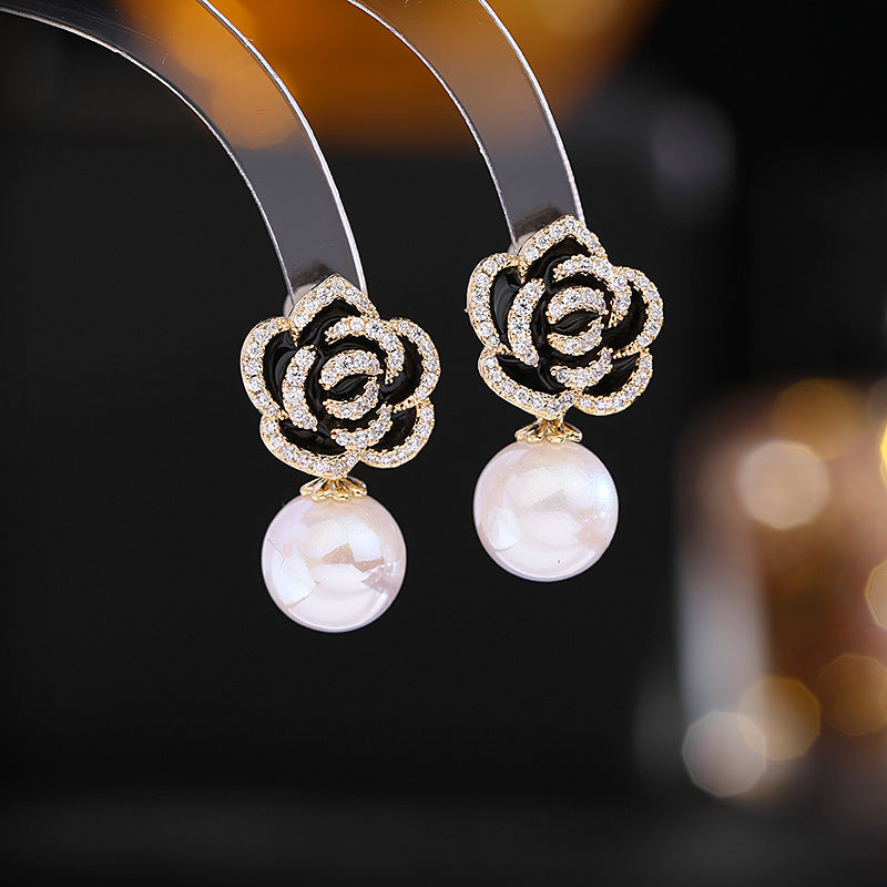 2025 S925 silver needle elegant temperament earrings wholesale black rose earrings zircon three-dimensional camellia pearl earrings
