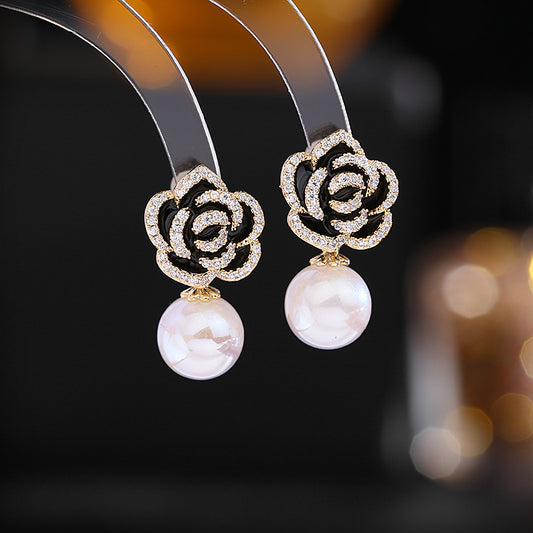 2025 S925 silver needle elegant temperament earrings wholesale black rose earrings zircon three-dimensional camellia pearl earrings