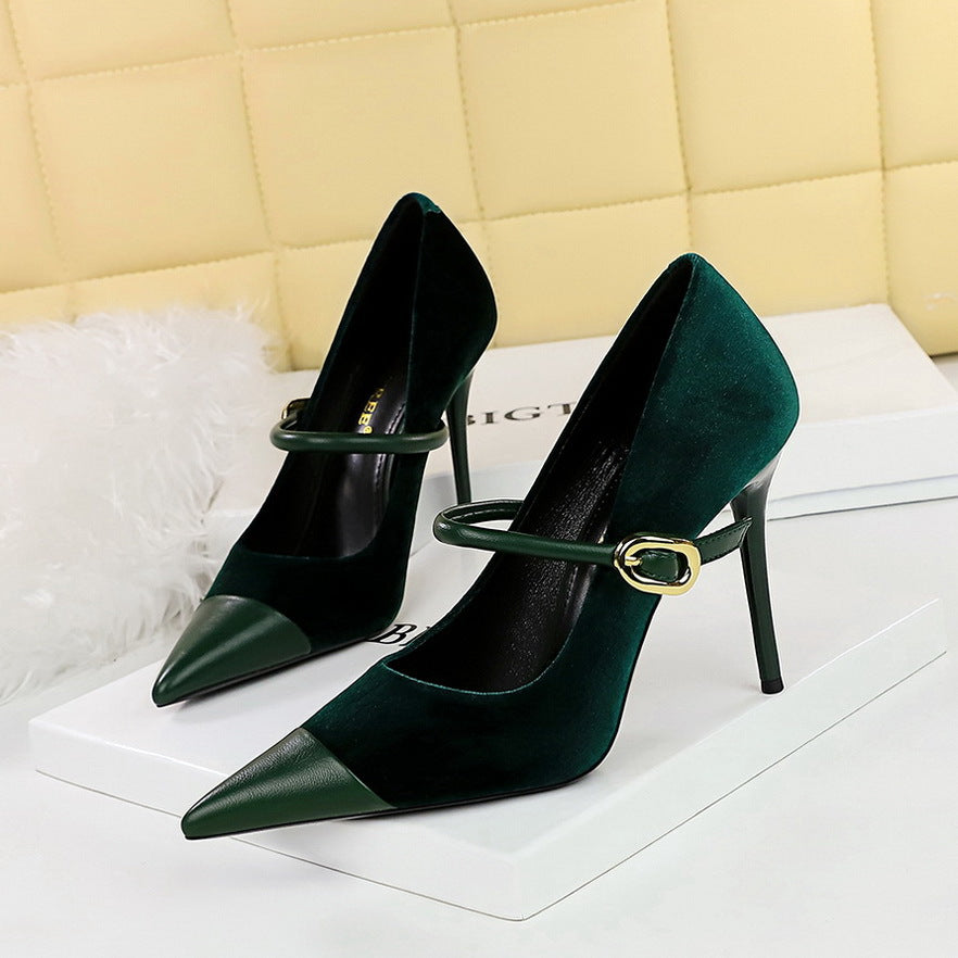 2025 9116-A1 Korean version banquet high-heeled women's shoes, thin heels, Xishi suede, shallow mouth splicing, pointed head, one-word belt, single shoes women