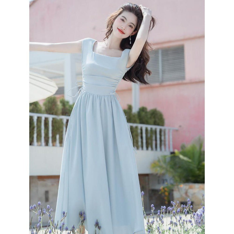 2025 Retro Minimalist Women's Square Neck  Dress Long High Waist Skinny Skirt Women's Summer Long Dress Summer 2025