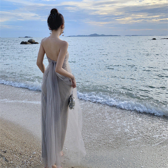 2025 Pure desire wind super fairy temperament mesh yarn one-word shoulder tube top dress fairy summer seaside vacation wind beautiful long dress