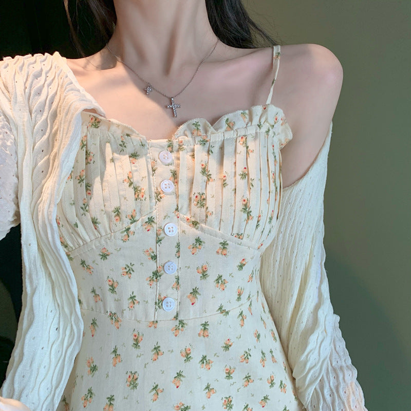 2025 summer new gentle wind  coffee break beautiful floral suspender dress two-piece suit women's spring dress