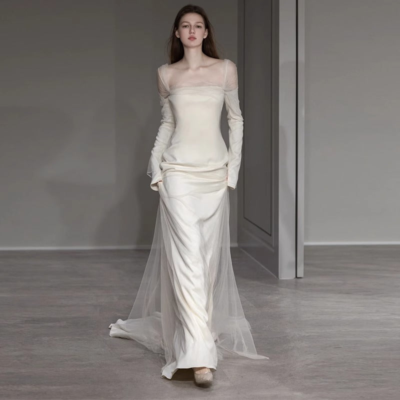 2025 light wedding dress Mori simple going out yarn temperament thin celebrity long dress fish tail waist satin trailing dress