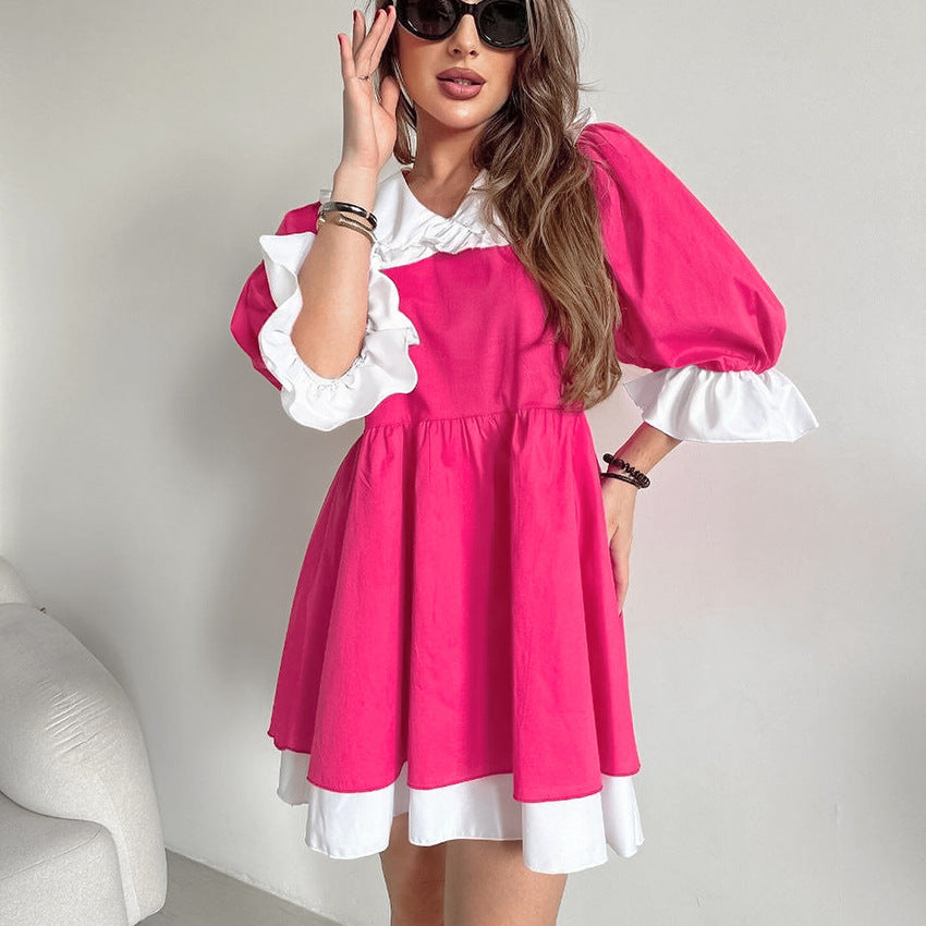 2025 Fashion temperament contrasting colors loose V-neck bubble sleeves five-quarter sleeves mid-waist tutu skirt versatile summer dress women