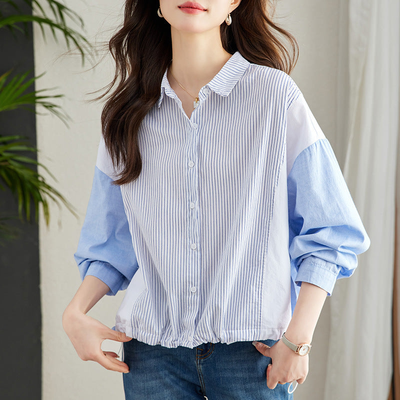 direct sales pure cotton long-sleeved shirt women's splicing vertical strip shirt women's commuter Korean version loose and chic striped top
